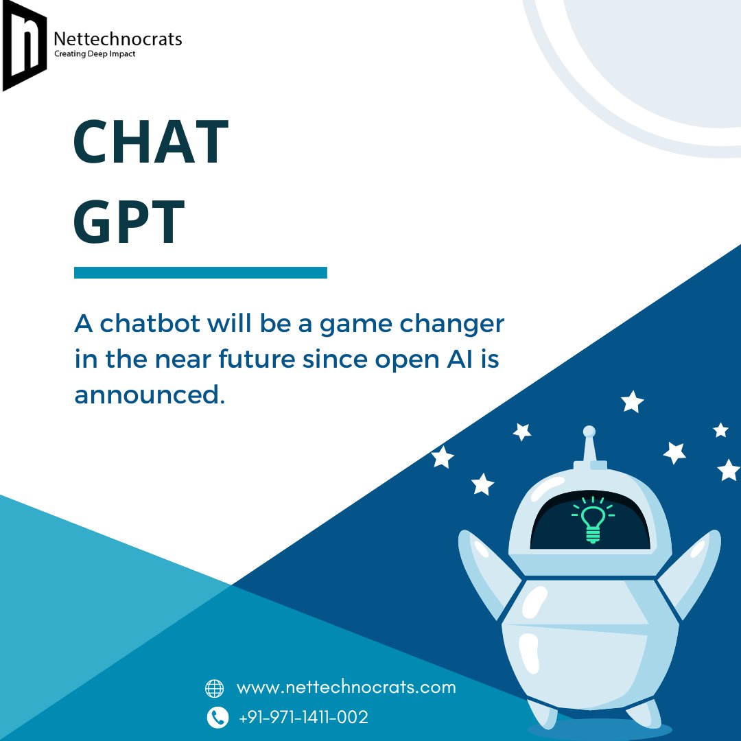 nettechnocrats's tweet image. Have you heard about the new breakthrough technology called Chat GPT?
Do you think it will change the world?
.
.
#digitalmarketing #Digital #DigitalMarketingServices #ChatGPT #chatbot #ArtificialIntelligence #AI #artificial_intelligence