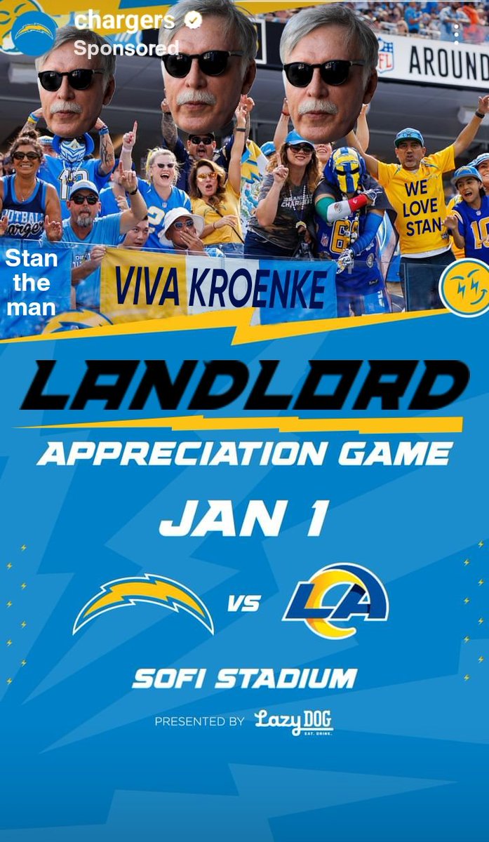 Usually I hate these sponsored ads...... #BeatTheBolts #RentIsDue #GoHomeChargers #LARvsLAC #ChampsVsChumps