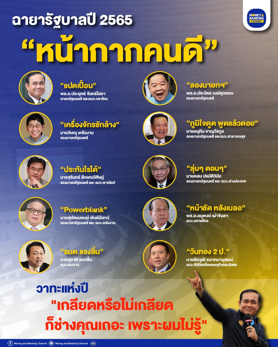 moneynbankingch's tweet photo. สื่อฯทำเนียบตั้งฉายารัฐบาลประจำปี 65
นายกฯ “แปดเปื้อน” - รัฐบาล "หน้ากากคนดี"

อ่านข่าวเพิ่มเติม : https://t.co/UeMFSs8xt3

#ฉายา #วาทะแห่งปี #คณะรัฐบาล #รัฐมนตรี #สื่อมวลชน #สะท้อน #การทำงาน #หน้ากากคนดี https://t.co/s4Winj8Y4d