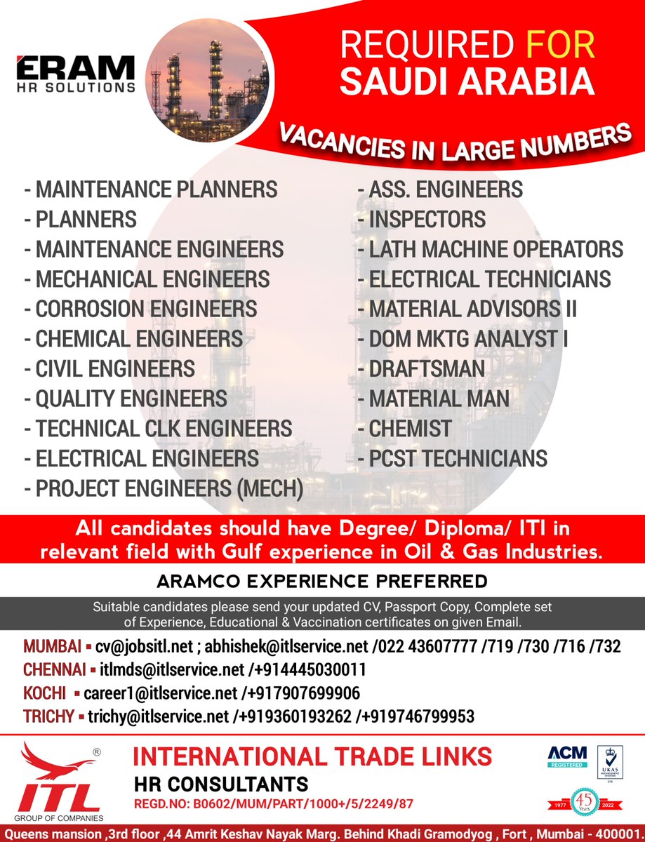 ItlJobs's tweet photo. JOB VACANCY FOR #saudiarabia

CLICK ON LINK TO APPLY JOB > https://t.co/t4H7IxSbKZ
Learn more :
https://t.co/L5a1jS3E2s

#planners #engineer #civilengineer #eram #hrsolutions  #pipefitter #eram #hrsolutions #mechanical #supervisorjobs #rorating #petrochemical #refinery #oilandgas https://t.co/Z8nYjFbt8l
