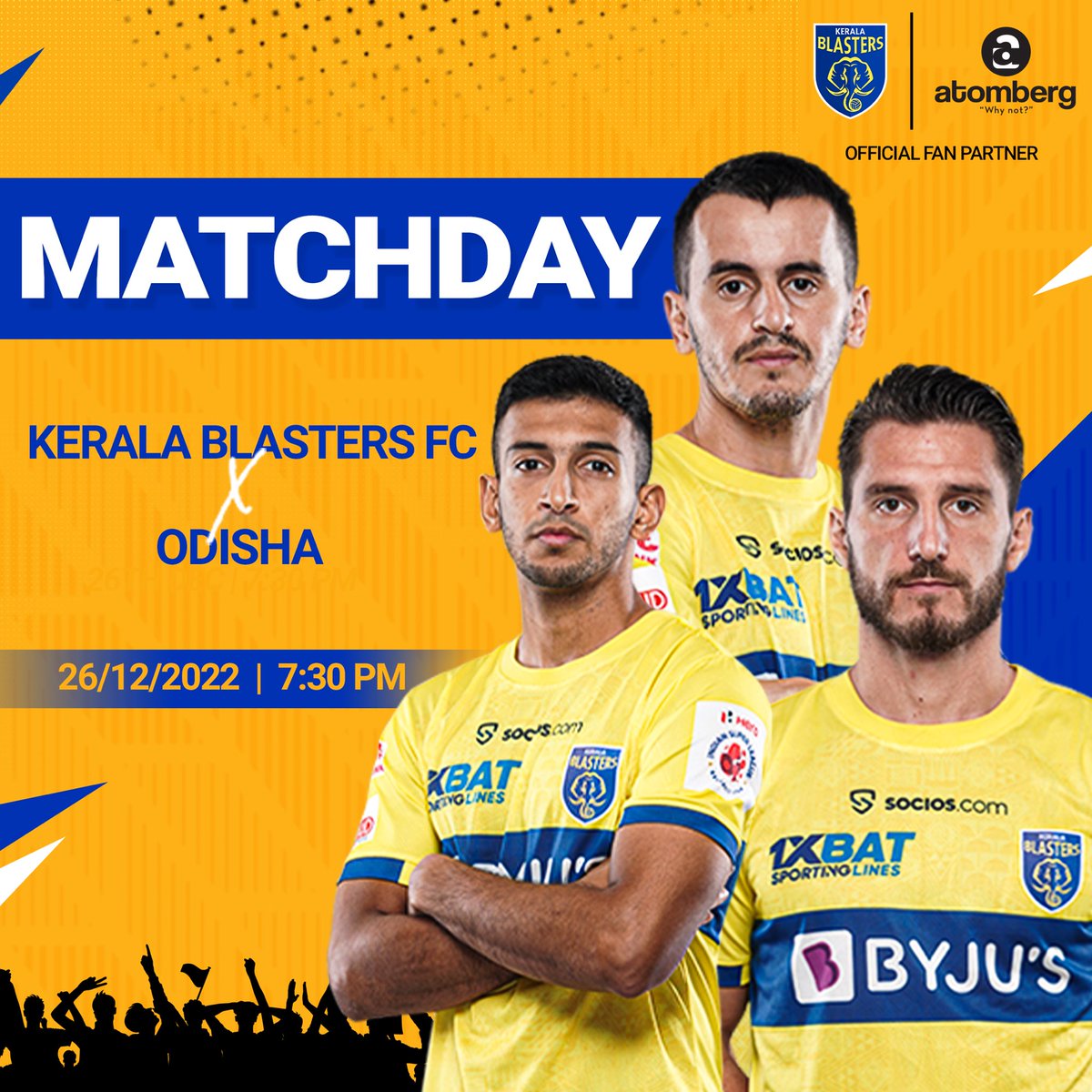 atomberg_tech's tweet photo. Switch your game face on coz it’s MATCHDAY🤩
Cheer for @keralablasters as they take on Odisha tonight!⚽️
#KeralaBlasters #KBFC #KBFCvsOFC #atomberg #whynot #ഒന്നായിപോരാടാം #india #kerala #football #HeroISL #LetsFootball https://t.co/sfq9QIADOc