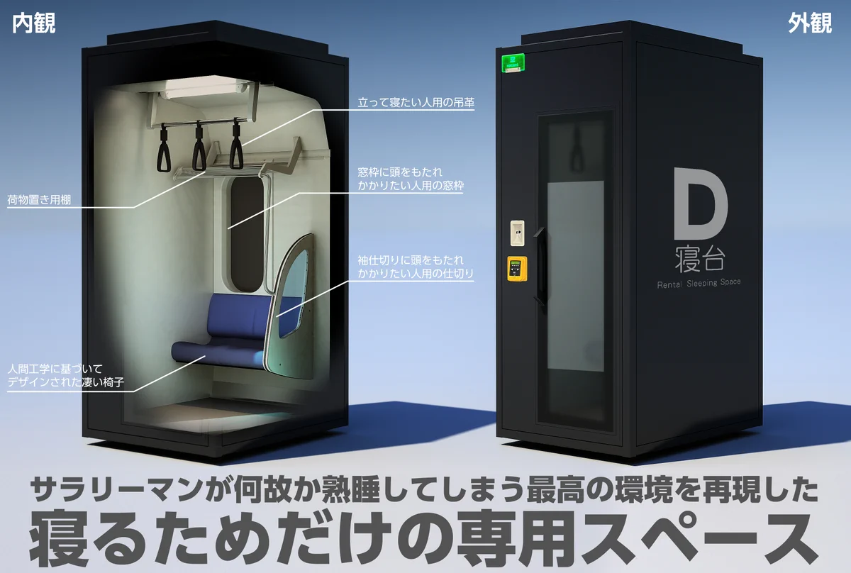 こういう寝るためだけの時間貸しスペース。あったらすぐに使うのに。