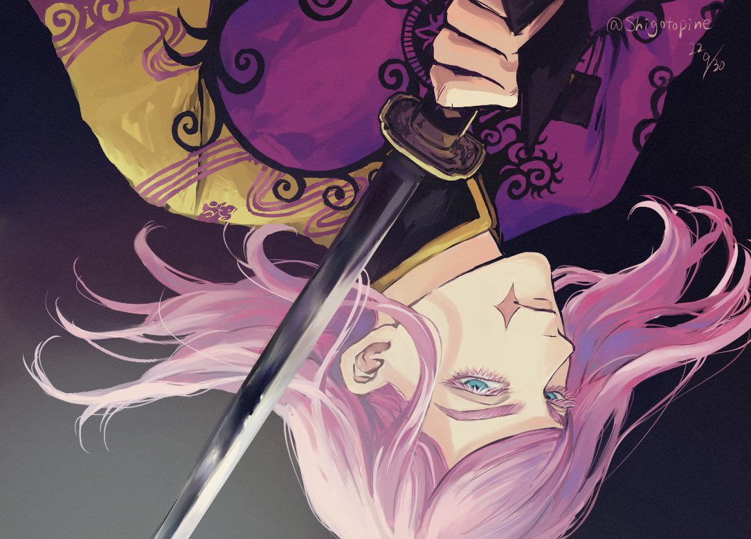 weapon sword 1boy male focus scar solo pink hair  illustration images