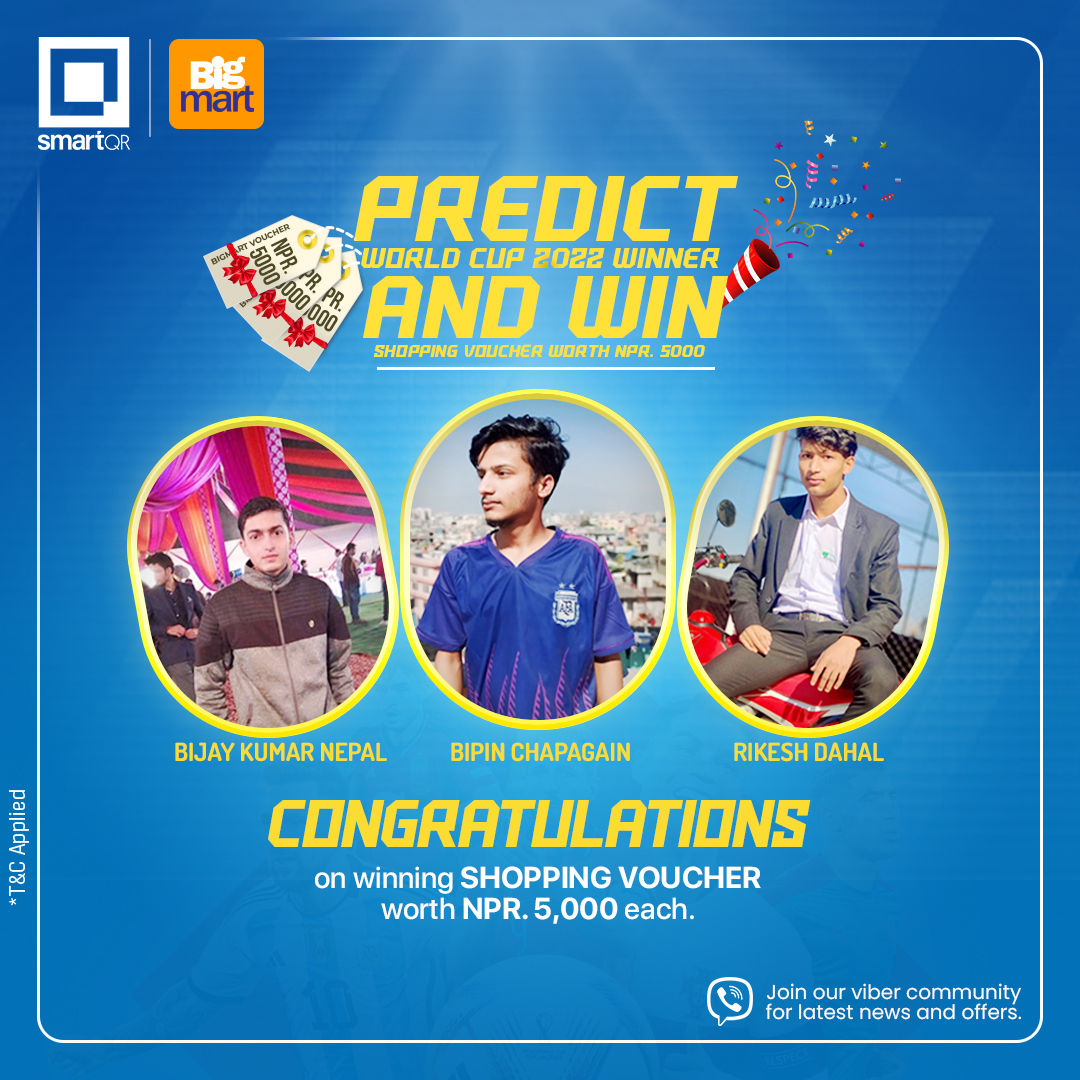 Congratulations to the 3 lucky winners of FIFA World Cup 2022 Predict and Win Contest Via Facebook and Instagram. 
For more exciting offers and contests
Follow us on Linkedin: linkedin.com/company/smartq…
Join our Viber community: bit.ly/3v82fWS
#worldcup #winner #football