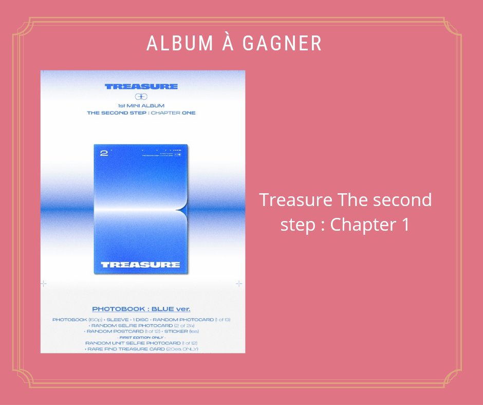 -💎- ↳24.12.22 ↲ CALENDRIER DE L'AVENT 

Pour le 24ème jour, nous vous proposons un giveaway pour tenter de remporter l'album The second step : Chapter 1 de Treasure. 

Toute l'équipe vous souhaite un joyeux Noël. 

#CALENDRIER_AVENT_TREASURE