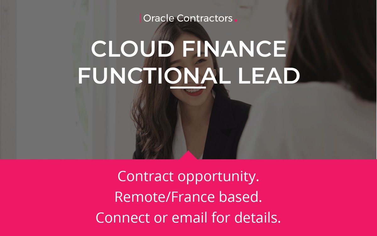 Oracle_Global's tweet photo. CONTRACT OPPORTUNITY: Oracle Cloud Finance Functional Lead
Rate: €500 per Day
Location: #Remote #France
For details, please contact Naimah Grant on Naimah.Grant@oraclecontractors.com
#OracleContractors #Français #TechJobs @Oracle #Oracle #OracleJobs #OracleCloud #ERP #Cloud https://t.co/dmcKLZ8S2X