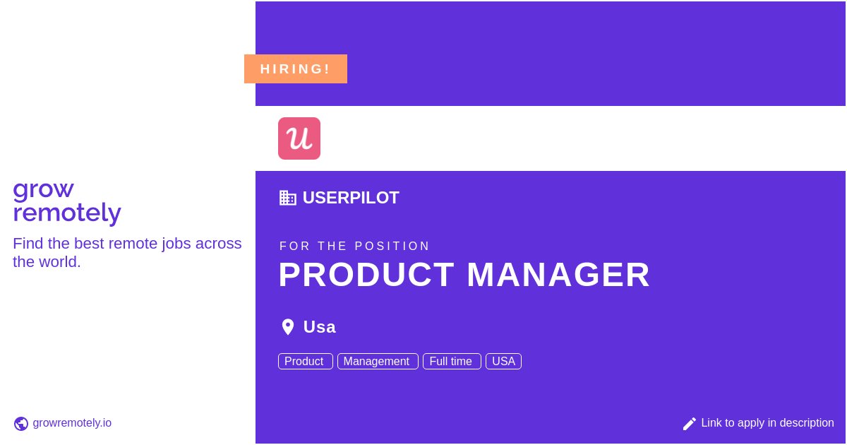 growremotelyio's tweet image. Check out this job at Userpilot for the position Product Manager.

 Apply link: growremotely.io/?id=63a8e70746…

#hiring #remotejobs #Userpilot #ProductManagement