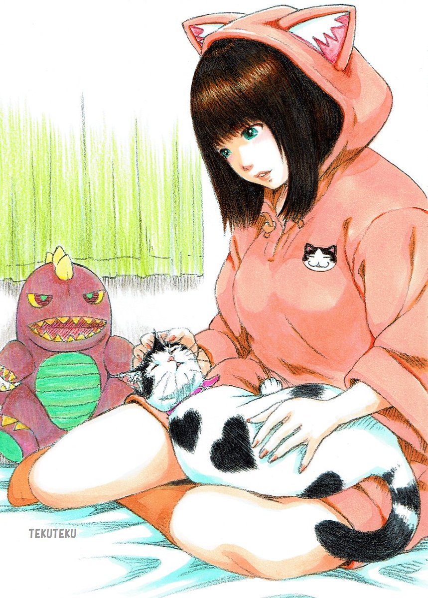 「てくてく猫描・猫耳パーカー女子と白黒猫にゃん #猫好き #illustratio」|TEKUTEKUのイラスト