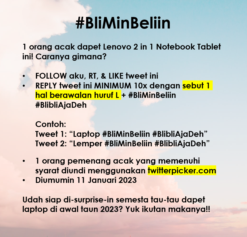 bliblidotcom's tweet photo. Mau #BliMinBeliin laptop LENOVO ✨𝒈𝒓𝒂𝒕𝒊𝒔✨?

Cek gambar untuk caranya, yuk ikutan yaaa! Semoga hoki, semoga rejeki! 💻🚀

#BlibliAjaDeh https://t.co/LSlp9WpVzO