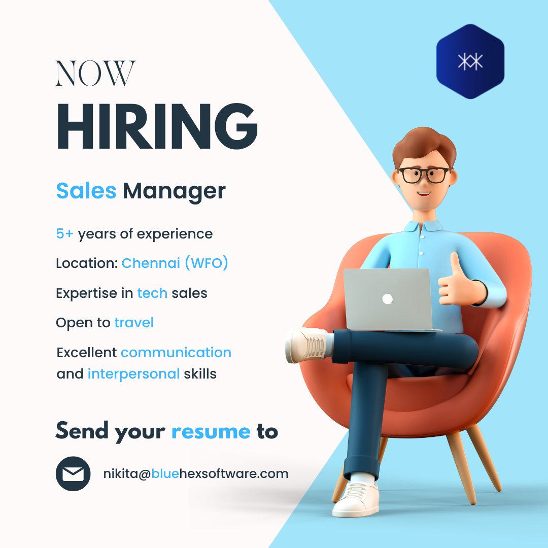 BlueHexSoftware's tweet image. We are hiring for a Sales Manager!!

#sales #salescareers #salesandmarketing #salesmanagerjobs #salescareer #salesassociate #techsales #technicalsales #technology #technicalconsultant #tech #techcompany #bhs #bluehexsoftware #chennai #chennaijobs #chennaijob #chennaihiring