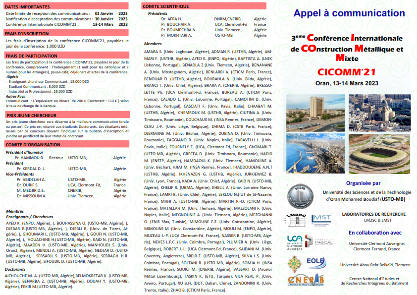 cnerib's tweet photo. 3ème Conférence Internationale de Construction Métallique et Mixte (#CICOMM'21), 13-14 Mars 2023 à #Oran. 

Site : https://t.co/E4vLbdMkI0

#Conférence #concours #construction #cnerib #mhuv #dgrsdt #algérie #africa #research https://t.co/FjlzYVhyrF