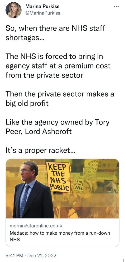 Britain_People's tweet image. Oh the joy of being in government: 

Starving the NHS of funds, getting rid of bursaries so trainee nurses work for free &amp;amp; still accumulate huge debt, then when there are inevitable vacancies, creating companies that provide private sector staff at huge costs. 

A win win.