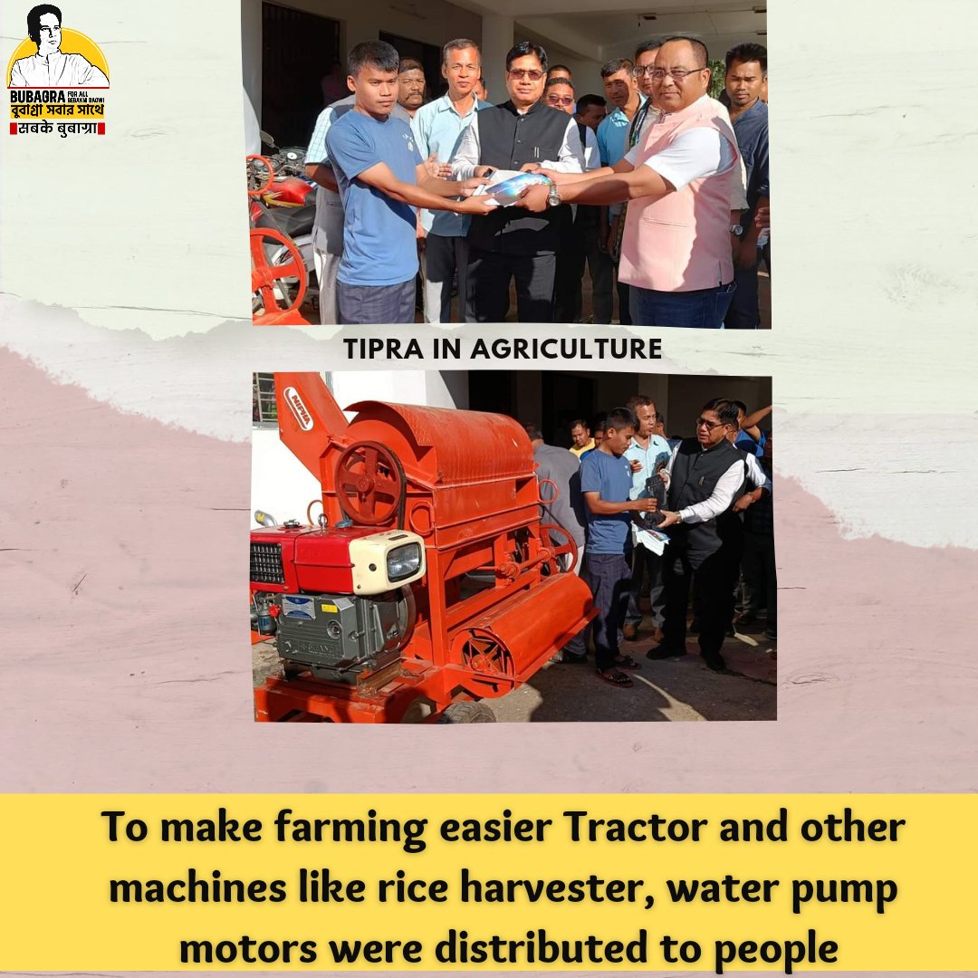 BubagraForAll's tweet photo. TIPRA IN AGRICULTURE
Many facilities has been provided to people under the leadership of TIPRA Motha leaders.
@PradyotManikya @aajtak @AmitShah @ndtv @PMOIndia @tipra_official @TiprasaExpress @rashtrapatibhvn 
#Thansa #TIPRAisComing #Bubagra #Tipra #BubagraLongLive https://t.co/9bTwFsVGo7