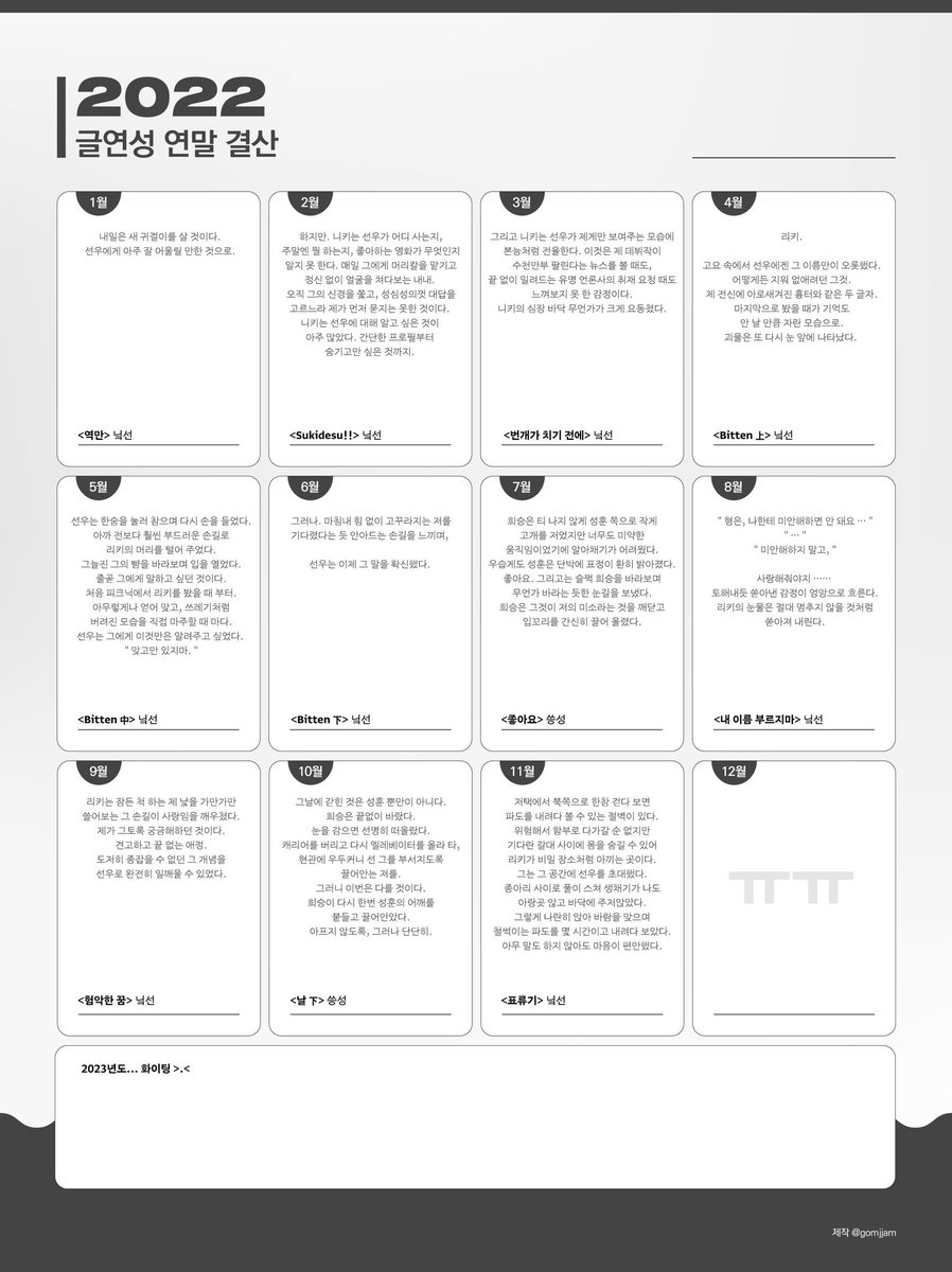 2022 연말결산 해봤습니다 >.<
내년도 잘 부탁드려요...🧎‍♀️