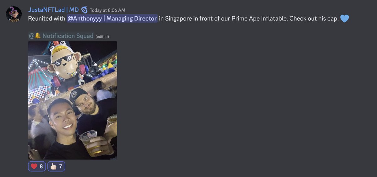 imyourdaddyof5's tweet photo. this is why im in @PrimeApePlanet!!!!!  both of our founders enjoying the fruits of their labor in front of our #primeinflatable.  For me, this is the ultimate poof of work, in a world filled with deceit.   I can't tell you how this makes me feel, like im investing in an actualco https://t.co/CNqdgTSunp