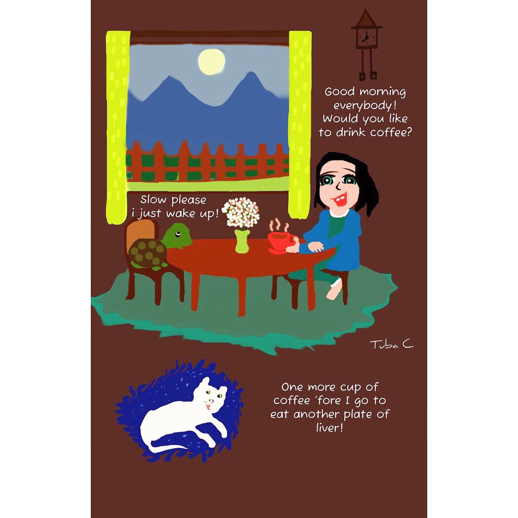 -Good morning everybody!☕️
Cackle’s morning mood!☀️
Cartoon by Tuba Çalışkan Civelek
@tubacofficial 
#cackle #cacklecrackle #cartoon #characterart #characterdesign #tubacaliskan #tubacivelek #art #littlegirl #catlife #turtle #karakter #karaktertasarımı