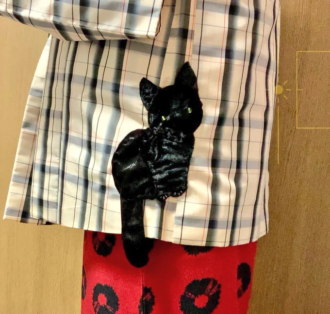 フフフ……古い羽織のマチの生地がボロボロに解れて、でっかい穴が空いたじゃろ。それをこうして、こうして、こうじゃ題して【デカデカネコチャンアップリケ大作戦】!おめめは黄緑色にピカピカ光ります。 