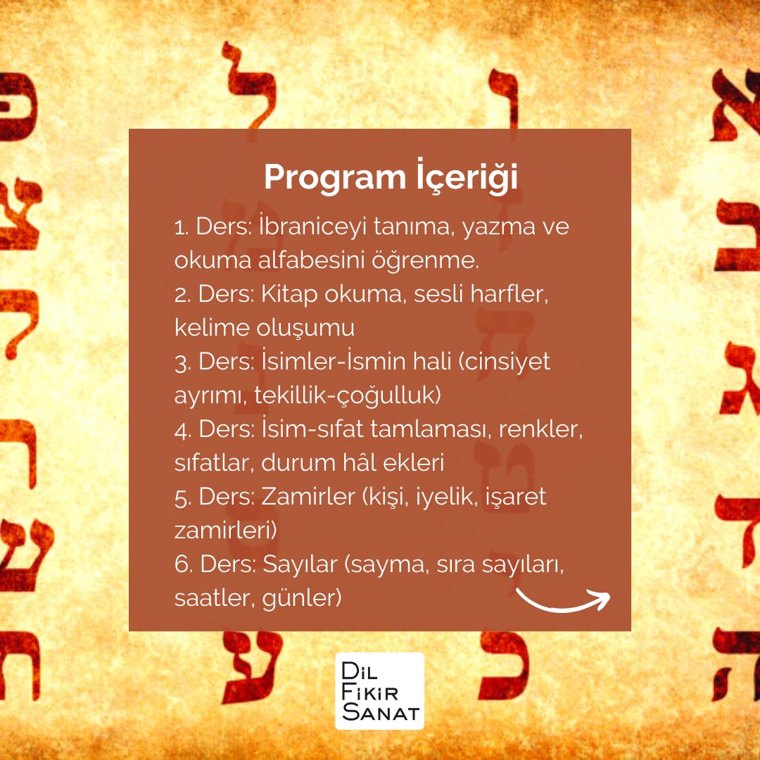 dilfikirsanat's tweet photo. Dünyanın en kadim dillerinden İbraniceyi öğrenmek ister misiniz?
Asena Ergin @ErginAsena rehberliğinde gerçekleştirilecek 6 hafta/12 oturumluk “Temel Seviye İbranice Eğitimi” ikinci kez yola çıkıyor.

Detaylı bilgi ve kayıt için👇
https://t.co/YOUKTAODnF https://t.co/z9BtqgOAYX