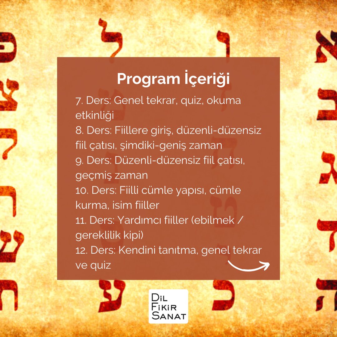 dilfikirsanat's tweet photo. Dünyanın en kadim dillerinden İbraniceyi öğrenmek ister misiniz?
Asena Ergin @ErginAsena rehberliğinde gerçekleştirilecek 6 hafta/12 oturumluk “Temel Seviye İbranice Eğitimi” ikinci kez yola çıkıyor.

Detaylı bilgi ve kayıt için👇
https://t.co/YOUKTAODnF https://t.co/z9BtqgOAYX