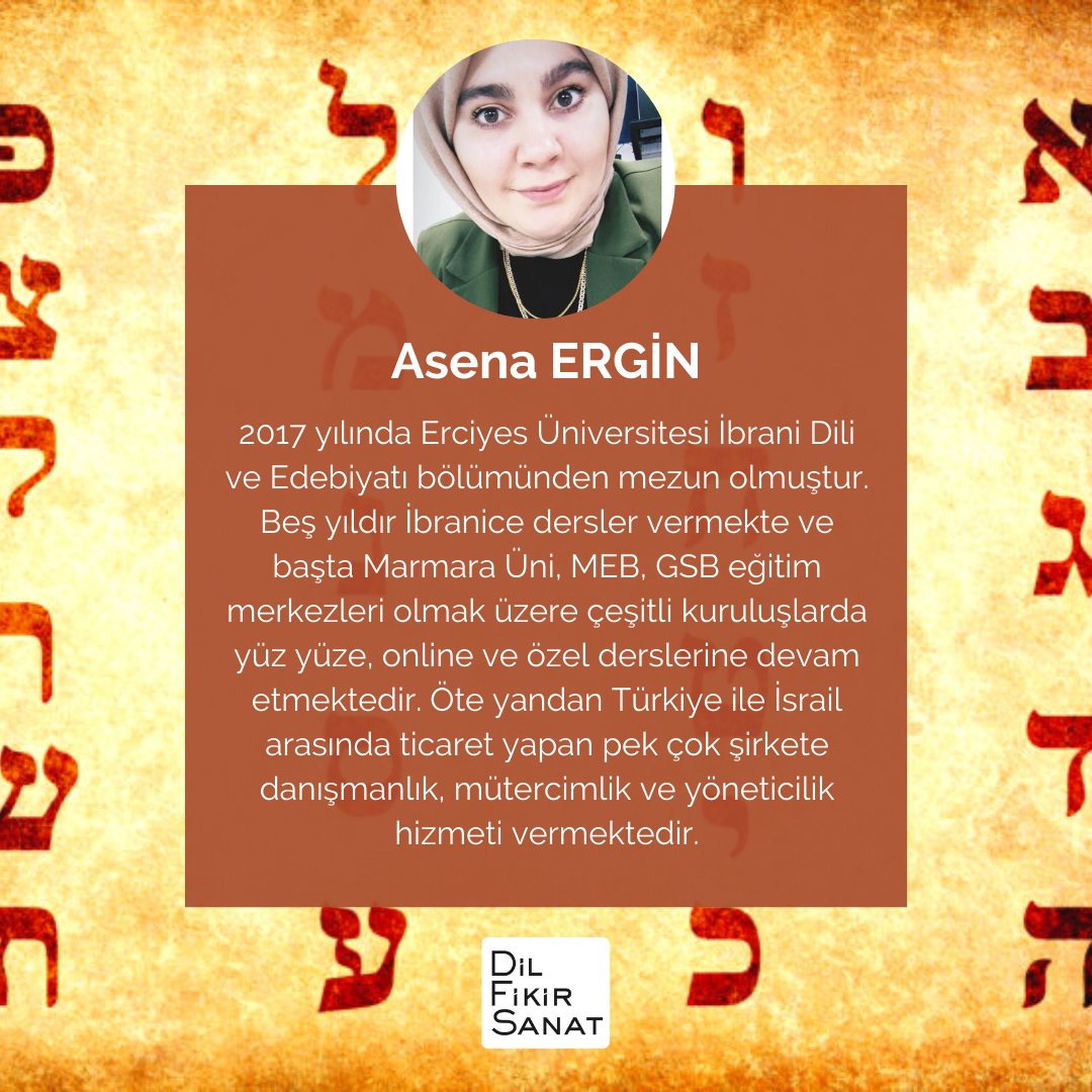dilfikirsanat's tweet photo. Dünyanın en kadim dillerinden İbraniceyi öğrenmek ister misiniz?
Asena Ergin @ErginAsena rehberliğinde gerçekleştirilecek 6 hafta/12 oturumluk “Temel Seviye İbranice Eğitimi” ikinci kez yola çıkıyor.

Detaylı bilgi ve kayıt için👇
https://t.co/YOUKTAODnF https://t.co/z9BtqgOAYX