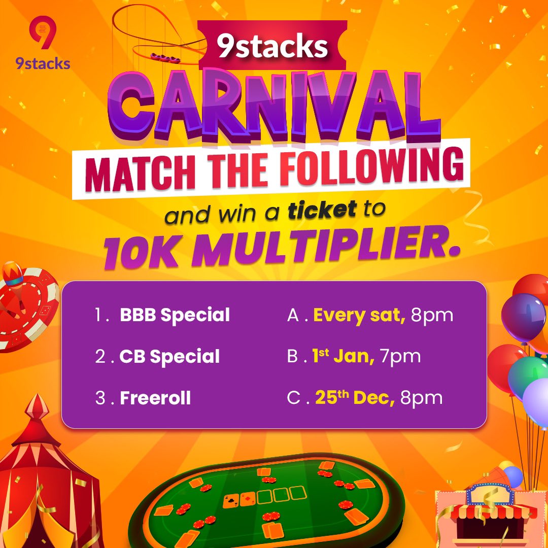 9stacksonline's tweet image. It’s the last day of carnival So let’s check if you’re updated about the tournaments running on 9stacks!
Match the following with the correct answers.
Follow these steps:
1. Like this post &amp;amp; follow us.
2.Comment down the correct answer, tag 3friends and ask them to participate.