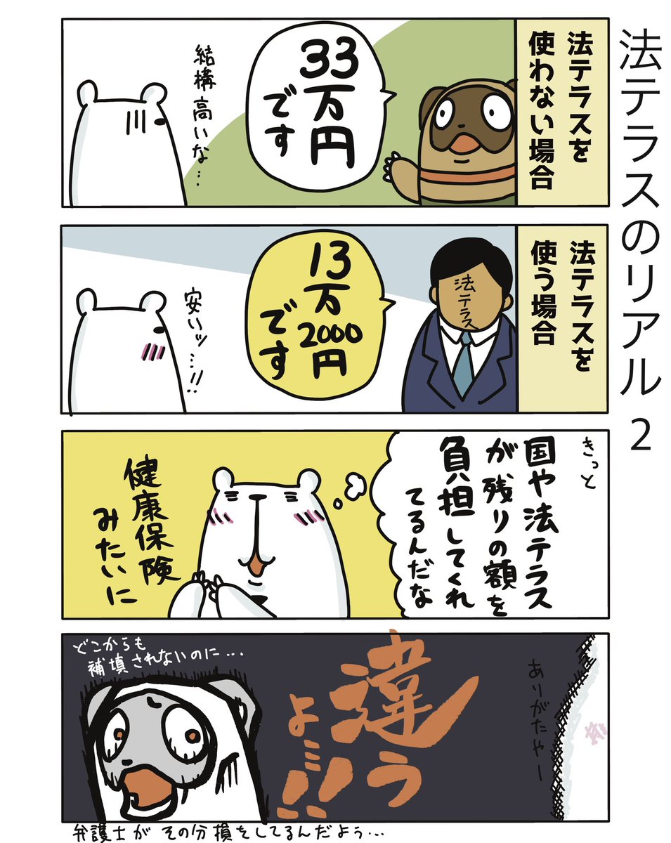 【法テラスのリアル2】

法テラスはお金ない人のための制度だから、各弁護士が身を削ってやっているんだよぅ…
よく勘違いされるけど、健康保険的な補填はないんだよ…

#弁護士 #漫画が読めるハッシュタグ #たぬじろう #食っていけない弁護士 