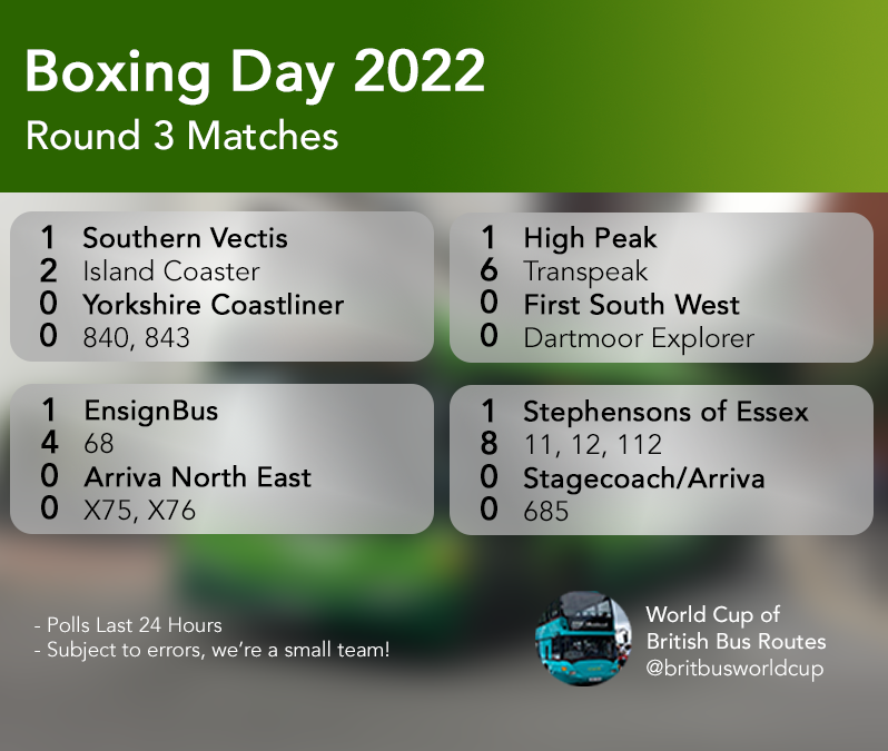 bestofbritbus's tweet image. Happy Boxing Day everyone, ^BO here to take you through the final set of Round 3 matches for today with @SouthernVectis @yorkbus @EnsignBusCo @arrivanortheast @HighPeakLive @by_Kernow @ABBTravelUpdate #Stephensons @StagecoachCNL