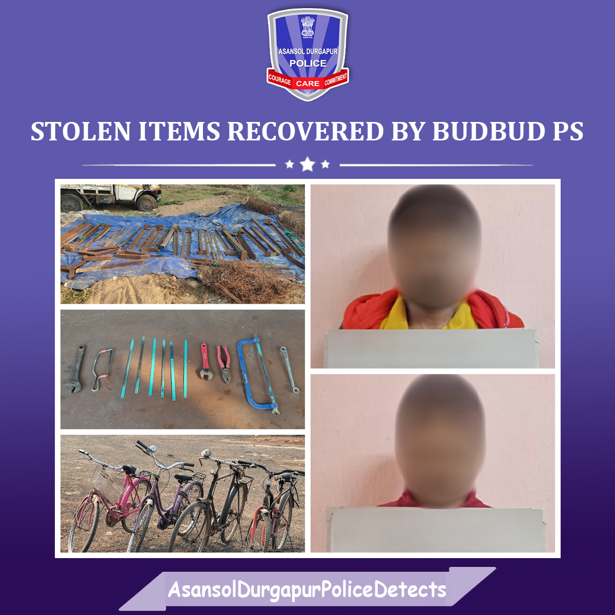 Cpadpc's tweet photo. Two person arrested in case of theft under Budbud PS of ADPC. Police team recovered four By-cycle along with equipment used to stole it.
#StolenRecovery #ByCycle
#ADPCDetects @WBPolice https://t.co/2L24DI9MIX