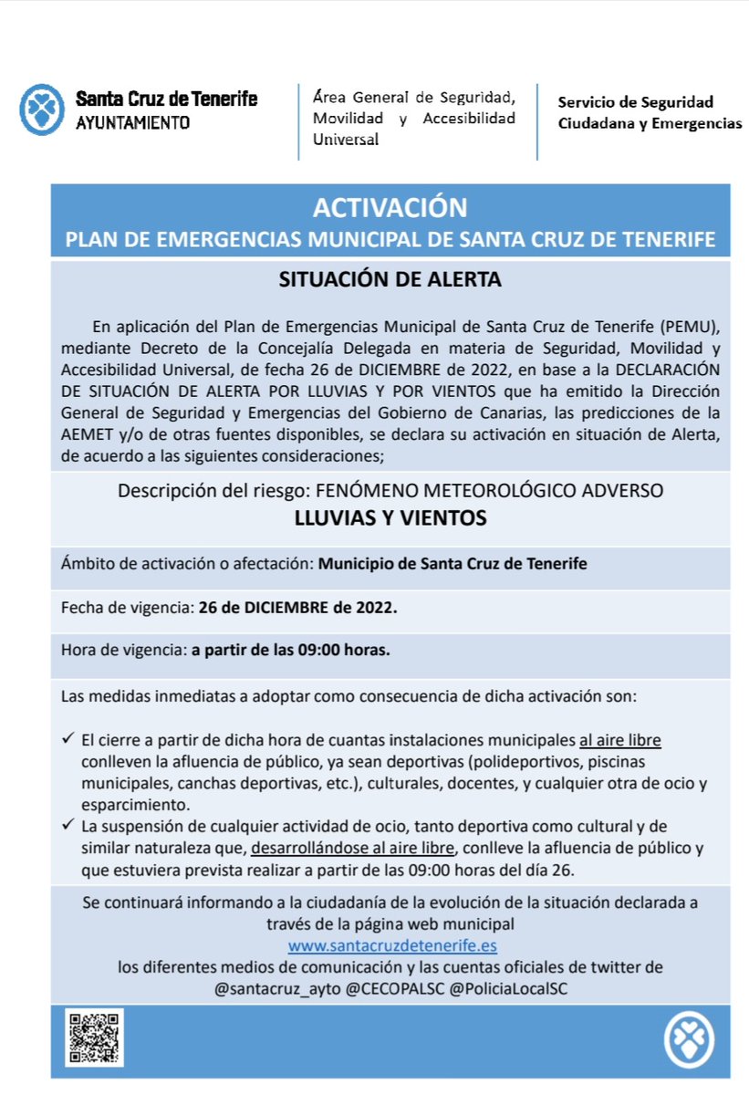CECOPALSC's tweet image. El @santacruz_ayto ha activado el #PEMU Plan de Emergencias Municipal por #AlertaLluvia #AlertaVientos #FMACanarias desde las 09:00 h. de hoy. #PRECAUCIÓN @112canarias