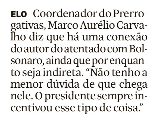 É preciso que se dê nome aos bois: há evidente responsabilidade política de Jair Bolsonaro na tentativa frustada de um atentado na véspera do natal em Brasília. Sem falar que o ainda presidente já tinha aberto a porteira do crime ao liberar sem controle acesso a arma aos CAC’s.