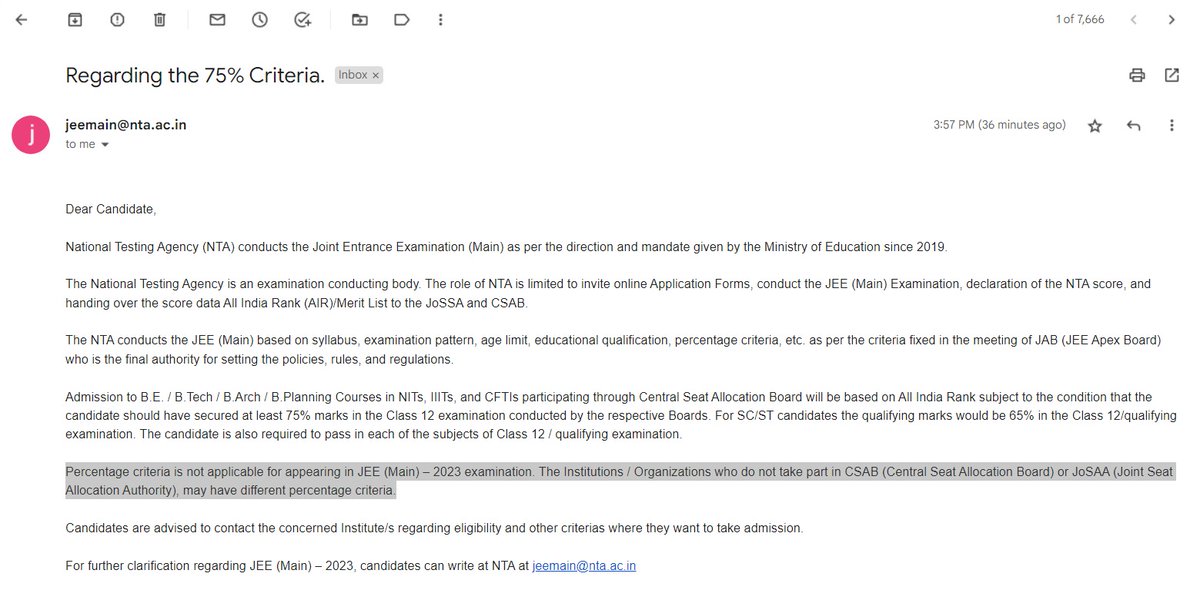 iamChiller's tweet photo. Received a mail from NTA, 75% percentage criteria not applicable for JEE Mains 2023. @DG_NTA @ThePradeepRawat @TheAnuragTyagi @anubha1812 @namokaul #jeemains2023 #jeemains #jeemainsinapril #JEEMain2023 #Jeemains #75GoBack https://t.co/S0fDCAcpd8
