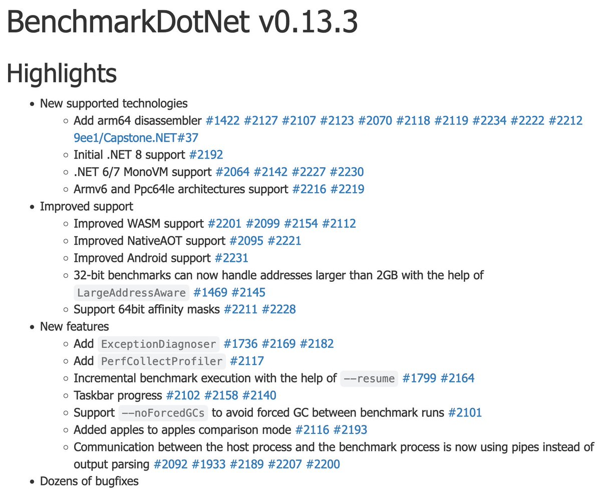 andrey_akinshin's tweet image. #BenchmarkDotNet v0.13.3 has been released!
Added arm64 disassembler; introduced support for .NET 8 (initial), NET 6/7 MonoVM, Armv6/Ppc64le; improved support for WASM/NativeAOT/Android; many new features and bug fixes!
Huge thanks to all the contributors!
benchmarkdotnet.org/changelog/v0.1…