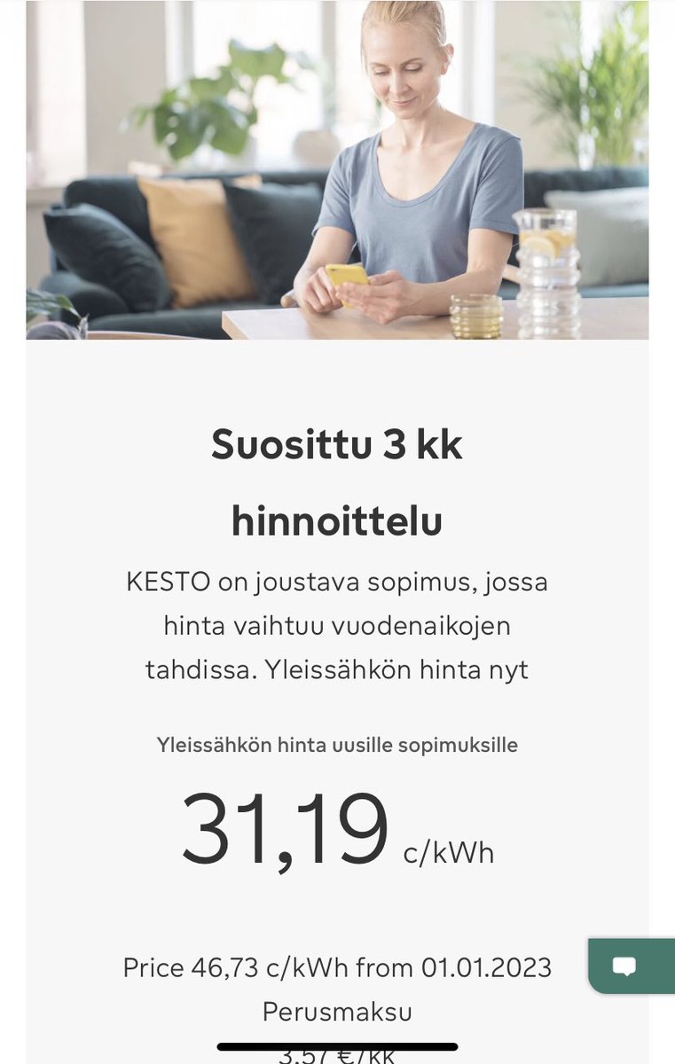 KimiLuoto's tweet photo. @PekkaIlmari Ei voi. Koska @Fortum_Oyj aiotte päivittää #fortumkesto -sopimuksenne ensimmäisen kvartaalin hinnan vastaamaan nykyistä trendiä?  46,73 c/kWh on suoranaista ryöstöä. https://t.co/crfuT10QRz