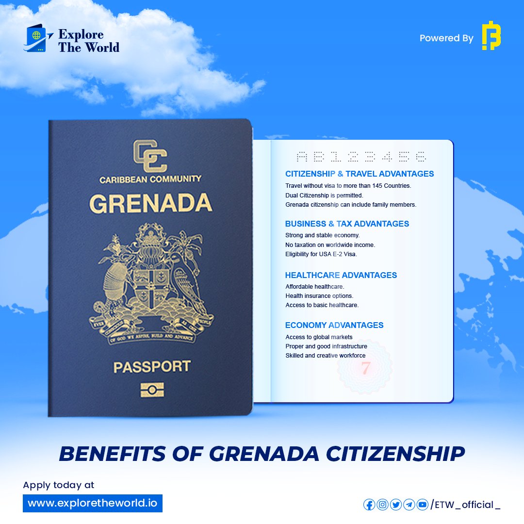 ETW_Official_'s tweet photo. Be a citizen of Grenada 🇬🇩 with #ETW &amp;
Upgrade Your &amp; Your Family’s Life 🌍
📌 Enjoy dual Citizenship and visa-free travel to up to 145+ countries
Apply for Grenada #citizenship today
🌐 https://t.co/RTlYv5qNnD
#CryptoInvestor #digitalcitizenship #blockchain #passportindex https://t.co/AvUItLn7Wp