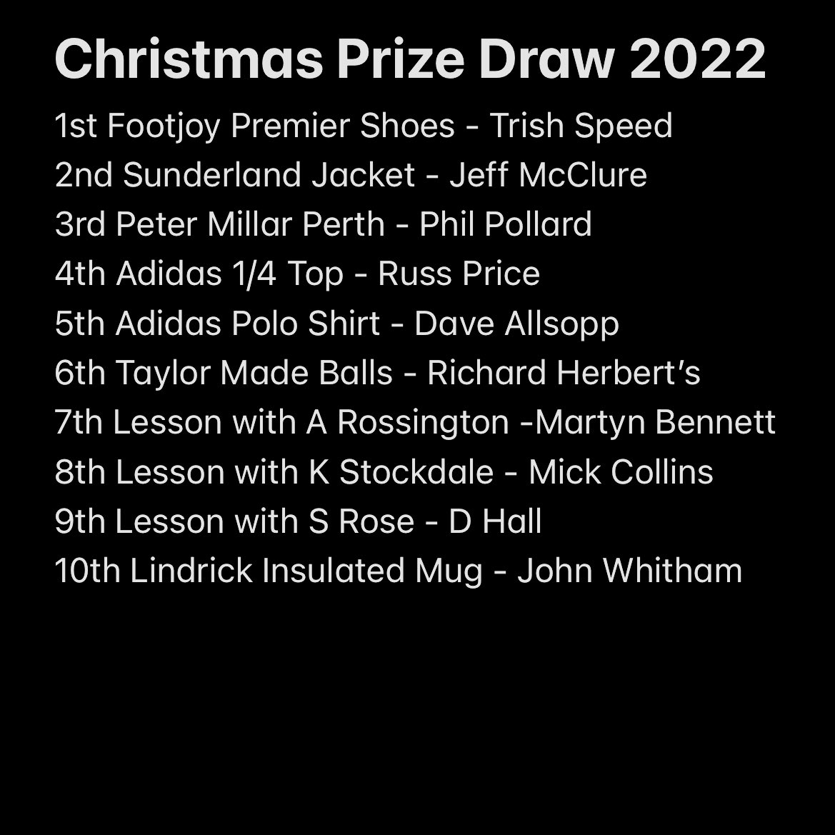 Results of this year’s Christmas Pro Shop Prize Draw. Thanks to all for entering and enjoy the rest of the festive period. 🎄🎅🏻⛳️