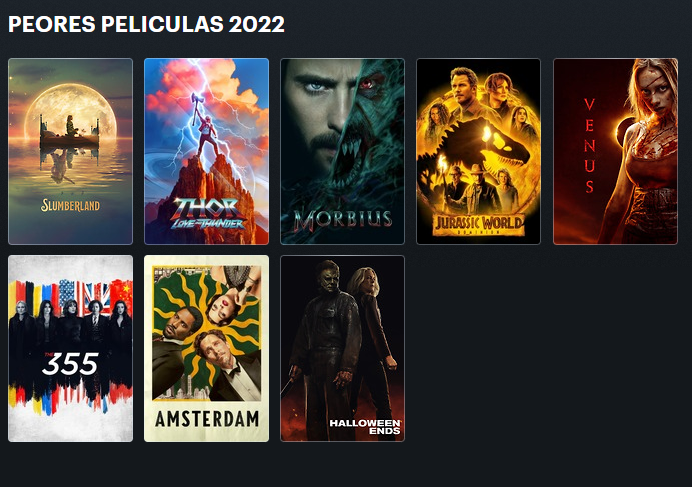 SitoCinema's tweet photo. Mi ranking personal de las peores películas de 2022.
La 1ª #Slumberland.
La 2ª #ThorLoveAndThunder.
La 3ª #Morbius.
La 4ª #JURASSICWORLDDOMINION.
La 5ª #Venus.
La 6ª #Agentes355.
La 7ª #Amsterdam.
La 8ª #HalloweenEnds . https://t.co/MpO2z8rcc1