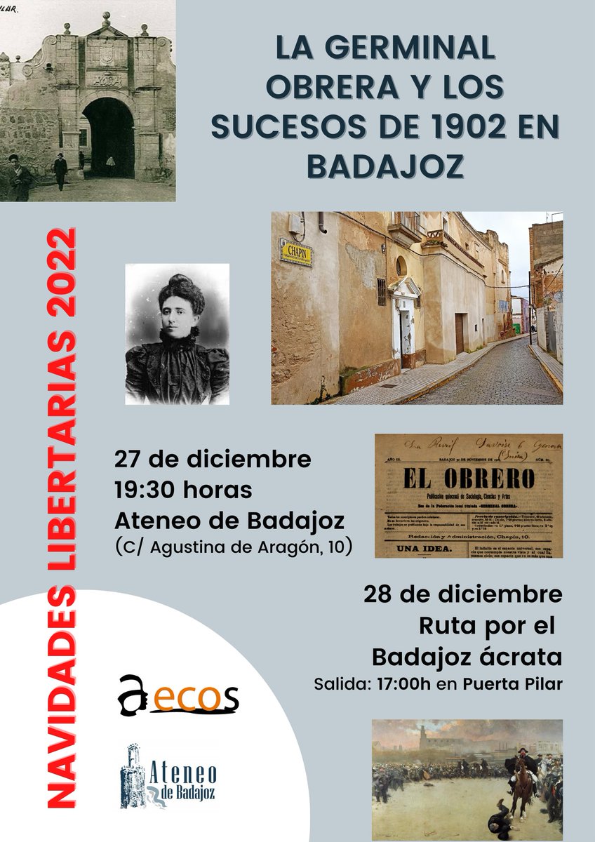 Regresan un año más nuestras '#NavidadesLibertarias' en #Badajoz. Dos citas: mañana, en el Ateneo de Badajoz y el miércoles: Ruta por el Badajoz ácrata. ¡Os esperamos!