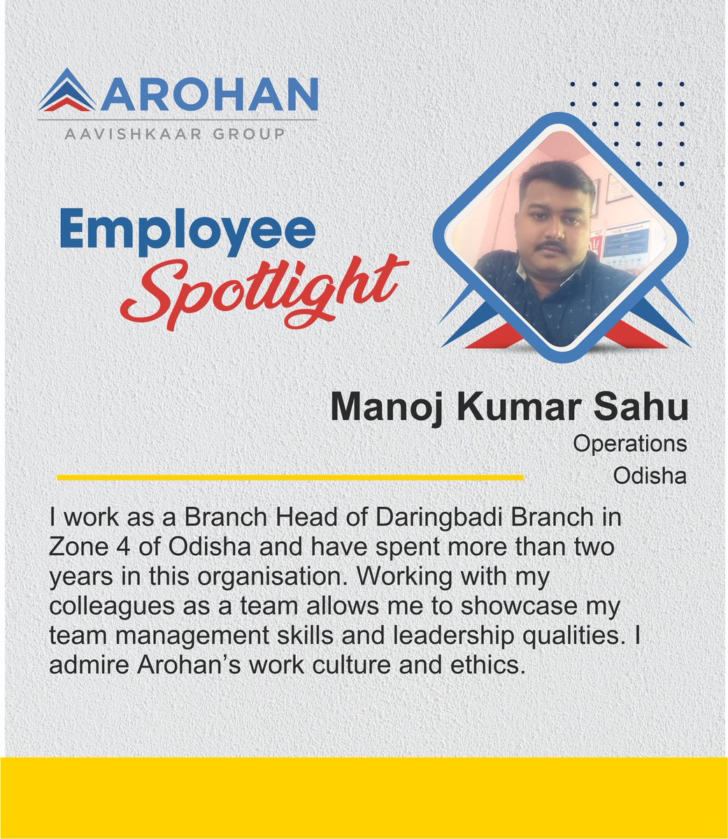 Read what Manoj, an #Arohanite from Odisha, Operations team, has to say about his experience with the organisation.
Watch this space to know more about
#LifeatArohan #ArohanEmployeeSpotlight #GenderDiversity