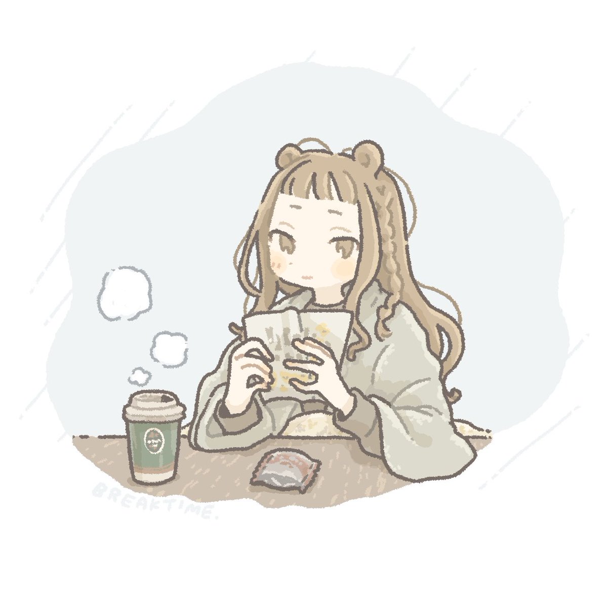 1girl solo brown hair cup long hair steam animal ears  illustration images
