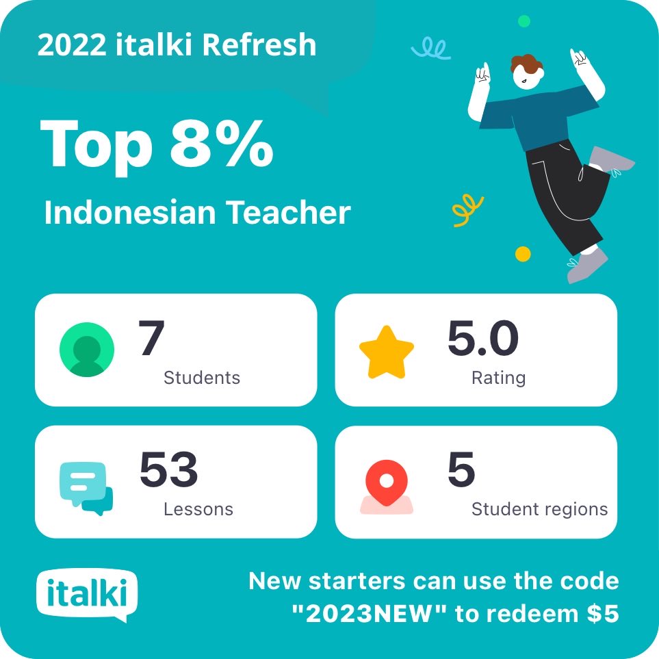 BahasaTutor's tweet photo. @italki #italkiRefresh I teach Indonesian on italki. Use “2023NEW” to redeem $5 for your first purchase:  https://t.co/VPCyMZGi2x https://t.co/BFWkgzRXgB