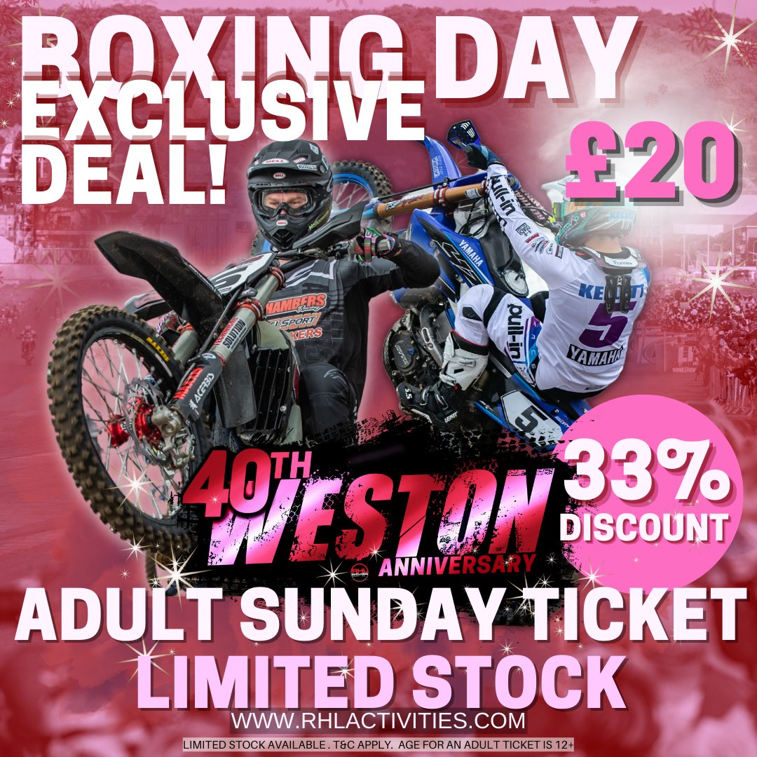 To celebrate Boxing Day we have an exclusive deal on Adult Sunday Tickets.

Purchase an Adult Sunday Ticket for just £20. Hurry though as there is limited stock so won't be available for long.

Shop now ➡️ rhlactivities.com/store/tickets/…

#WBR #WBR23 #WBR40th #WestonBeachRace
