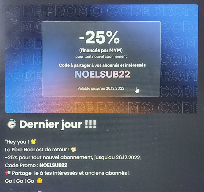 DERNIER JOUR pour profiter du code promo : NOELSUB22  Qui vous offre -25% sur mon MYM !! 😍 Votre derni&egrave;re<a href="/tag/isupportukraine"class="tags"><span>#isupportukraine</span></a>