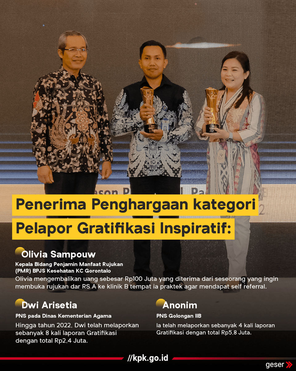 KPK_RI's tweet photo. Salah satu Pelapor Gratifikasi Inspiratif tahun ini adalah seorang Kepala Bidang Penjaminan Manfaat Rujukan (PMR) BPJS Kesehatan KC Gorontalo. Ia mengembalikan uang sebesar Rp100 Juta kepada pemberi gratifikasi. (2/3) https://t.co/UpIuaTOltQ