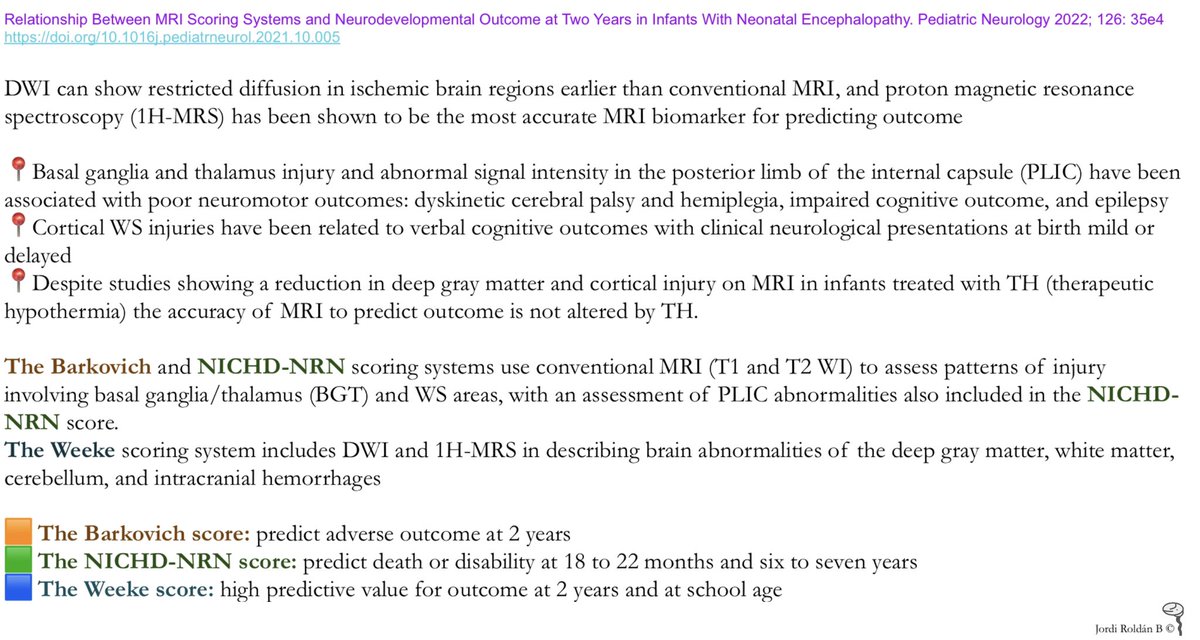 JordiRoldanB's tweet photo. #OnePediNeuroRad 🌏  #Neurotools 
📌MR scoring sistems in Hypoxic Ischemic Encephalopathy

1️⃣AJ. Barkovich 1998
https://t.co/UubSoR0MUq
2️⃣S. Shankaran 2012
https://t.co/3SxLc5SIsP
3️⃣LC. Weeke 2018
https://t.co/YfeETVxrb5

✅ 3 scores evaluation 2022
https://t.co/4dct04rlLD https://t.co/uF6FUqLDbr
