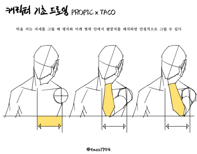 턱을 괴는 자세를 그릴 때 명치와 어깨 범위 안에서 팔꿈치를 배치하면 안정적으로 그릴 수 있다 