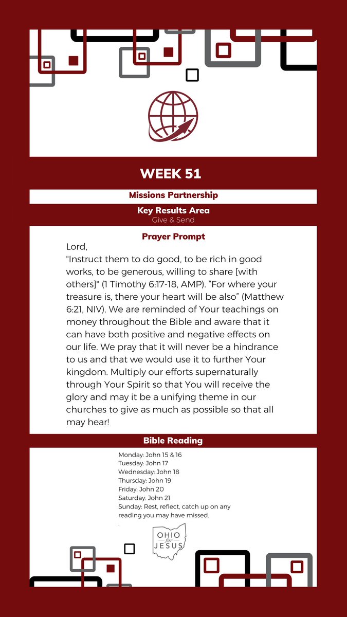 ohioministry's tweet photo. Join us in prayer for our Ohio for Jesus Key Results Area, Missions Partnership, Week 51. Give &amp; Send! #ohioforjesus #MissionsPartnership #52weeksofprayer Screenshot and save as wallpaper on your phone! https://t.co/FQno1RwSFR