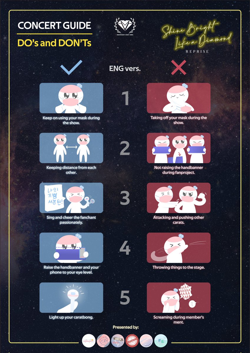 [CONCERT GUIDE]

Carat, supaya kita sama-sama menyaksikan konser SEVENTEEN #BETHESUNinJakarta dengan nyaman, yuk cek Concert Guide.

Bagi yang mau menambahkan, silahkan reply tweet ini dengan ditambahkan [DO] / [DON'T] di awal tweet