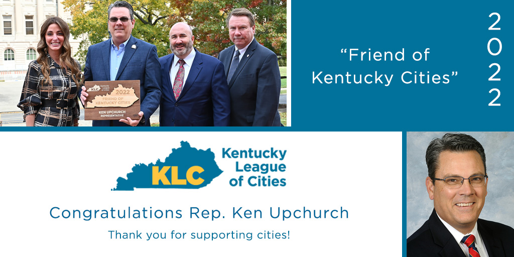 KyLeagueCities's tweet photo. KLC Dir of Public Affairs @BryannaCarroll, Executive Director|CEO @JDChaneyKLC, &amp; Pres. &amp; Southgate Mayor @HambergJim presented @KenUpchurch with a 2022 "Friend of Ky Cities" award for his work in the 2022 session. He helped secure the final passage of SB 152 in the House. https://t.co/lYn4pcjxUQ