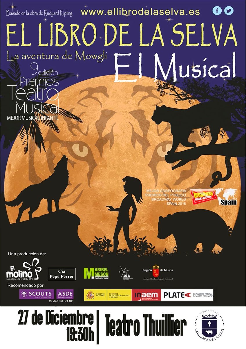 🦁🐾 'El libro de la selva. El Musical' llega mañana, martes 27, a las 19.30 horas, al Teatro Thuillier dentro de la programación especial '#Caravaca suena a #Navidad". 

Más información de este espectáculo con nueve premios de teatro musical en ellibrodelaselva.es