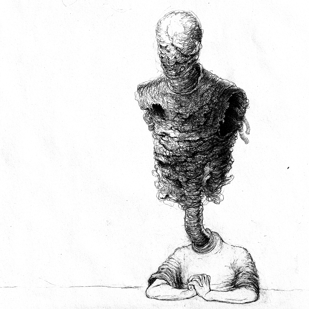 a man whose head has turned into another man who has turned into a living kebab